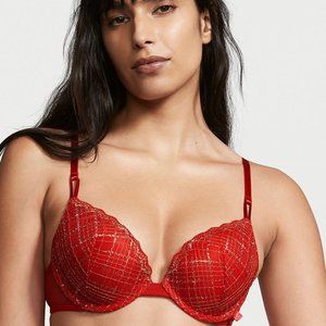 VICTORIA SECRET'S SEXY TEE LIGHTLY DEMI 36B BRA RED W GLITTER GOLD